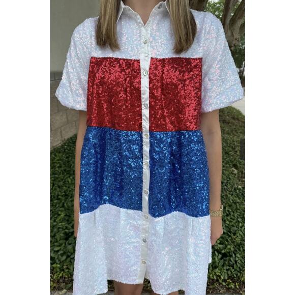 Peach Love Women’s Medium Sequin Dress Button Down Red White Blue Party Tunic - Picture 4 of 11